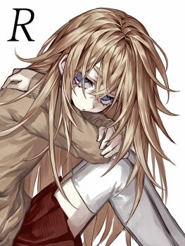 1girl absurdres blonde_hair blue_eyes brown_sweater chinese_commentary closed_mouth commentary_request crossed_bangs expressionless eyelashes eyes_visible_through_hair feet_out_of_frame hair_between_eyes hand_on_own_elbow hand_on_own_shoulder highres jcwlg long_hair miniskirt pleated_skirt rachel_gardner red_skirt sanpaku satsuriku_no_tenshi simple_background sitting skirt solo sweater thighhighs very_long_hair white_background white_thighhighs