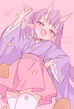+++ 1girl :d arm_up beanie blush choker commentary_request fangs half-closed_eyes hand_on_own_hip hat heart high-waist_skirt highres horns japanese_clothes jigatei_(omijin) kimono long_hair long_sleeves looking_at_viewer oni open_mouth original pink_background pink_skirt pleated_skirt purple_hair purple_kimono red_choker red_eyes romaji_text setsubun short_eyebrows simple_background skirt smile solo thick_eyebrows thighhighs translation_request twintails very_long_hair white_thighhighs wide_sleeves