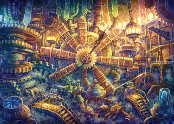 chain fantasy gears hook kemi_neko lantern no_humans original industrial_pipe scenery steam