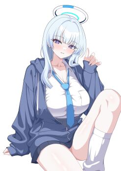 1girl blue_archive blue_jacket blue_necktie blue_skirt blunt_bangs blush breasts cleavage collarbone commentary grey_hair halo hazaky highres jacket large_breasts long_hair looking_at_viewer mechanical_halo necktie noa_(blue_archive) open_clothes open_jacket parted_lips partially_unzipped purple_eyes shirt sitting skirt socks solo symbol-only_commentary thighs white_halo white_shirt white_socks