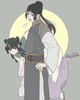 Rule 34 | 1boy, 1girl, absurdres, black hat, black robe, blunt bangs, border, bow-shaped hair, carrying, carrying under arm, chinese clothes, commentary request, cowboy shot, dated, dress, flats, furrowed brow, green dress, green hair, grey border, grey shoes, hand on own hip, hat, highres, jinshi (kusuriya no hitorigoto), kusuriya no hitorigoto, light blush, maomao (kusuriya no hitorigoto), open mouth, pink eyes, ponytail, purple hair, robe, shoes, sidelocks, sigh, sweatdrop, takehide, updo, wavy mouth, yellow background