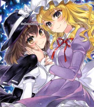 2girls black_skirt blonde_hair blush breasts brown_eyes brown_hair chacham closed_mouth commentary_request dress hand_on_another&#039;s_arm hand_on_another&#039;s_face hat long_hair long_sleeves looking_at_viewer maribel_hearn medium_breasts medium_hair mob_cap multiple_girls nail_polish purple_dress shirt skirt smile touhou twitter_username upper_body usami_renko white_shirt yuri