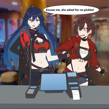 2girls absurdres ahichiru asymmetrical_gloves bare_shoulders belt_pouch black_gloves black_pants blue_eyes blue_hair blurry blurry_background breasts brown_hair cash_register choker cleavage collarbone commentary computer crop_top earrings embarrassed fingerless_gloves gloves grabbing_another's_arm highres jacket jewelry large_breasts lawine_(strinova) looking_at_viewer medium_hair ming_(strinova) multicolored_hair multiple_girls navel open_mouth orange_eyes pants paper pouch red_gloves red_hair red_jacket restaurant short_shorts shorts stomach strinova two-tone_hair untranslatable_commentary yuri