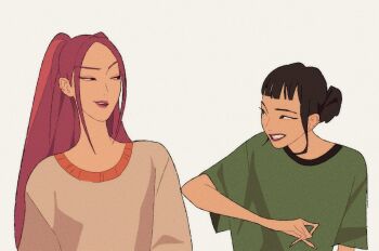 2girls black_hair blunt_bangs double_bun earrings elbowing eyeshadow green_shirt hair_bun half-closed_eyes jewelry kpop_demon_hunters looking_at_another makeup mira_(kpop_demon_hunters) multiple_girls onasugar parted_bangs parted_lips pink_eyeshadow pink_hair shirt short_bangs short_sleeves smile teeth twintails upper_body white_background white_shirt zoey_(kpop_demon_hunters)