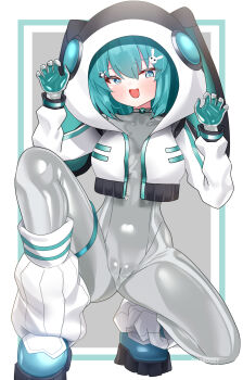 1girl :d absurdres ahoge aqua_bodysuit aqua_eyes aqua_hair bodysuit bodysuit_under_clothes boots breasts claw_pose covered_pussy cropped_jacket grey_bodysuit hair_ornament highres hood hood_up hooded_jacket jacket latex latex_bodysuit looking_at_viewer maguro27 medium_breasts multicolored_bodysuit open_mouth original rabbit_hair_ornament shiny_clothes short_hair skin_tight smile solo squatting thigh_strap two-tone_bodysuit variant_set
