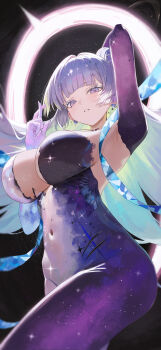 1girl absurdres arm_behind_head arm_up armpits black_background black_hole blunt_bangs blush bodysuit breasts cleavage colored_eyelashes colored_inner_hair commentary commission covered_navel earrings floating_hair goddess_of_victory:_nikke gradient_bodysuit gradient_clothes gradient_hair hagoromo hand_up highres jewelry large_breasts light_particles long_hair looking_at_viewer multicolored_bodysuit multicolored_hair nayuta_(nikke) nayuta_(wu_wei)_(nikke) official_alternate_costume open_mouth parted_lips purple_bodysuit rega shawl solo space_skin split-color_clothes star_(sky) star_(symbol) thighs two-tone_bodysuit unusually_open_eyes very_long_hair white_hair
