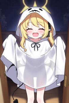 1girl :d ^_^ absurdres black_ribbon black_tail black_wings blonde_hair blue_archive blush closed_eyes commentary demon_girl demon_tail demon_wings doorway facing_viewer feet_out_of_frame ghost_costume hair_ribbon halloween halloween_costume halo highres hood hood_up ibuki_(blue_archive) loli open_mouth pointy_ears ribbon round_teeth see-through_silhouette smile solo standing tail teeth trick-or-treating upper_teeth_only wings yellow_halo zing_(z_z_zing)