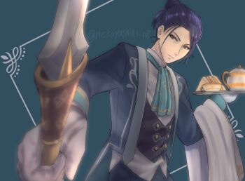 1boy ascot black_hair blue_hair blue_suit brown_eyes butler closed_mouth cup felix_hugo_fraldarius felix_hugo_fraldarius_(savant&#039;s_service) fire_emblem fire_emblem:_three_houses fire_emblem_heroes food formal_clothes hair_bun highres holding holding_polearm holding_tray holding_weapon jacket lance long_sleeves male_focus nekoyashiki_08 nintendo official_alternate_costume open_clothes open_jacket polearm sandwich shirt solo suit teacup teapot tray vest weapon