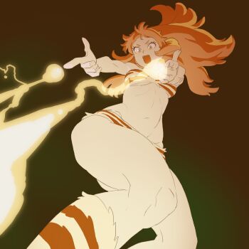 1girl 55bata6rou animal_print bikini breasts cleavage double_finger_gun energy_beam fangs feet_out_of_frame finger_beam finger_gun floating_hair from_below highres limited_palette long_hair looking_at_viewer lum medium_breasts navel oni open_mouth orange_hair solo standing strapless strapless_bikini swimsuit tiger_print urusei_yatsura v-shaped_eyebrows