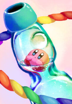 Rule 34 | aruco co, blue eyes, blush stickers, bottle, closed mouth, commentary request, dot mouth, highres, in bottle, in container, kirby, kirby (series), kirby and the rainbow curse, nintendo, no humans, pink background, ramune, solo