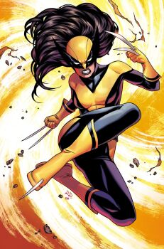 1girl artist_collaboration black_bodysuit black_hair bodysuit boots claws clenched_teeth highres laura_kinney long_hair looking_at_viewer marvel matt_wilson multicolored_bodysuit russell_dauterman signature solo superhero_costume teeth two-tone_bodysuit wolverine_(x-men) x-23 x-men yellow_bodysuit yellow_boots