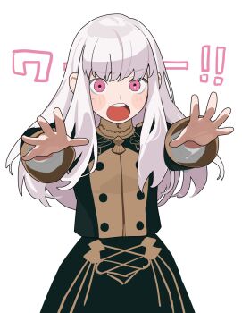 1girl buttons fire_emblem fire_emblem:_three_houses garreg_mach_monastery_uniform highres long_hair long_sleeves looking_at_viewer lysithea_von_ordelia nintendo open_mouth pink_eyes reaching reaching_towards_viewer shishima_eichi simple_background solo sweatdrop teeth upper_teeth_only white_background white_hair