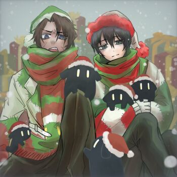 2boys ajajasta black_eyes black_hair brown_pants closed_mouth dark-skinned_male dark_skin e.g.o_(project_moon) gnome_(project_moon) hat heathcliff_(project_moon) highres holiday_(e.g.o) jacket knee_up lapels limbus_company male_focus multiple_boys notched_lapels open_mouth pants project_moon red_hat santa_hat smile snow white_jacket yi_sang_(project_moon)