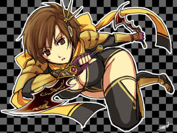 Rule 34 | black thighhighs, breasts, brown eyes, brown hair, cleavage, dagger, knife, nene (sengoku musou), ninja, scarf, sengoku musou, thighhighs, thighs, weapon, yellow scarf
