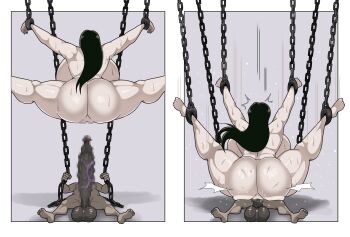 1boy 1girl ass backboob battle_tendency black_hair breasts chain chained completely_nude gigantic_breasts highres huge_ass huge_penis huge_testicles interracial jojo_no_kimyou_na_bouken large_testicles lisa_lisa long_hair nude penis pulpawoelbo restrained simple_background slave testicles vaginal veins veiny_penis
