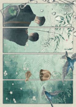 Rule 34 | 2boys, bag, bell, bird, black hair, blue bird, box, clover, exif rotation, fish, flower, four-leaf clover, from behind, green water, highres, holding, holding box, kieltokki, male focus, multiple boys, omamori, original, plant, rain, ripples, school uniform, shared umbrella, shoulder bag, tape, transparent, transparent umbrella, umbrella, water, water drop, white flower