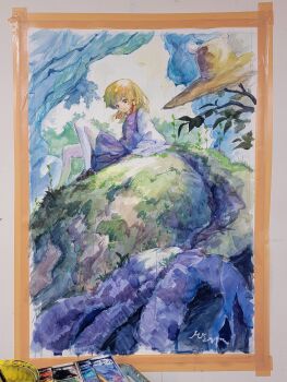 1girl art_tools_in_frame black_shoes blonde_hair boulder brown_hat comiket_107 commentary_request hair_ribbon hat highres long_sleeves looking_at_viewer medium_hair miso_pan moriya_suwako no_headwear on_rock open_mouth paint paint_palette painting_(medium) pantyhose purple_skirt purple_vest red_ribbon ribbon shirt shoes signature sitting skirt solo touhou traditional_media tress_ribbon unworn_hat unworn_headwear vest watercolor_(medium) white_pantyhose white_shirt wide_sleeves yellow_eyes