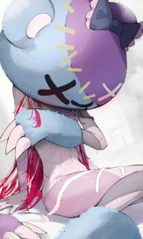 Rule 34 | 1girl, absurdres, bow, colored skin, cosplay, covering breasts, covering privates, getto, gloves, grey skin, highres, hololive, hololive indonesia, kureiji ollie, long hair, mascot head, multicolored hair, navel, nude, patchwork skin, red hair, sitting, solo, stitches, stomach, streaked hair, sweat, udin (kureiji ollie), udin (kureiji ollie) (cosplay), virtual youtuber, white hair