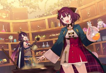 2girls :d absurdres alchemy atelier_(series) atelier_sophie atelier_sophie_2 barrel belt blue_belt blue_coat book bottle bowl box braid brown_eyes cauldron character_doll coat cowboy_shot crown crystal doll elvira_(atelier_series) flask flower highres holding holding_book holding_flask indoors liquid long_hair long_sleeves looking_at_another looking_back low_twintails multiple_girls mushroom noco_(adamas) official_art olias_enders open_book open_mouth purple_hair ramizel_erlenmeyer red_flower red_hair red_rose red_skirt rose shelf short_hair skirt smile sophie_neuenmuller sparkle standing steam twintails