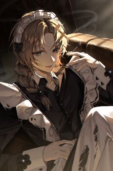 1boy absurdres apron braid brown_eyes brown_hair cigarette commentary_request crossdressing crossdressing_(mtf) damoong flower highres holding holding_cigarette kanae_(nijisanji) long_sleeves looking_at_viewer maid maid_apron maid_headdress male_focus male_maid nijisanji open_mouth single_braid sitting smoke solo virtual_youtuber