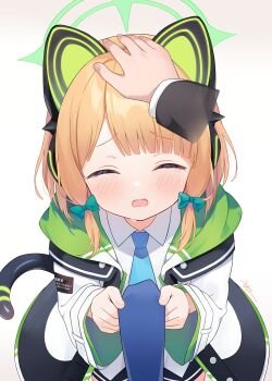 1boy 1girl absurdres animal_ear_headphones animal_ears artist_name black_jacket black_shorts black_tail blonde_hair blue_archive blue_necktie blunt_bangs blush bow buttons cat_ear_headphones cat_ears cat_tail chinese_commentary closed_eyes clothes_grab collared_shirt commentary_request cowboy_shot dated disembodied_hand facing_viewer fake_animal_ears fake_tail gradient_background green_bow green_halo green_jacket hair_bow halo hand_on_another&#039;s_head headpat headphones highres jacket long_sleeves low-tied_sidelocks midori_(blue_archive) multicolored_jacket necktie necktie_grab neckwear_grab open_clothes open_jacket open_mouth parted_bangs pov raised_inner_eyebrows sensei_(blue_archive) shirt shorts sidelocks signature solo_focus tail tears textless_version two-sided_fabric two-sided_jacket unbuttoned untucked_shirt white_background white_jacket white_shirt wide_sleeves zcx