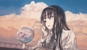 1girl black_hair black_hairband black_ribbon blue_eyes blue_sky close-up cloud cloudy_sky collared_shirt commentary commentary_request cup drinking_glass hairband hand_on_own_face highres koromoya long_hair looking_afar neck_ribbon ribbon shirt sky solo tohno_akiha tsukihime tsukihime_(remake) white_shirt