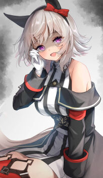 1girl animal_ears blush bow breasts coat curren_chan_(fille_eclair)_(umamusume) curren_chan_(umamusume) dress ear_bow ear_covers grey_hair hair_between_eyes highres horse_ears horse_girl horse_tail long_sleeves looking_at_viewer meyamu nice_knee_socks_day off-shoulder_coat off-shoulder_jacket off_shoulder open_mouth purple_eyes red_bow shirt short_hair simple_background single_ear_cover smile solo striped_clothes striped_dress tail umamusume vertical-striped_clothes vertical-striped_dress