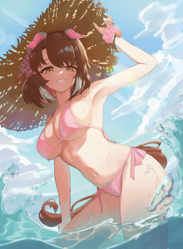 1girl absurdres animal_ears arm_up armpits bikini blue_sky blush breasts brown_eyes brown_hair brown_hat brown_tail cleavage cloud cloudy_sky commentary_request dantsu_flame_(umamusume) day ear_covers halterneck happy_birthday hat highres horse_ears horse_girl horse_tail large_breasts looking_at_viewer medium_hair multicolored_hair navel oooaeceg outdoors pink_bikini side-tie_bikini_bottom sky smile solo stomach straw_hat streaked_hair string_bikini sun_hat sweat swimsuit tail thighs umamusume wading water white_streaks
