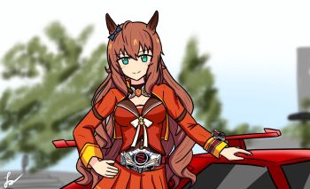1girl animal_ears belt blue_eyes bow breasts brown_hair car cleavage drive_driver ear_bow hair_between_eyes highres horse_ears horse_girl jacket kamen_rider kamen_rider_drive_(series) large_breasts long_hair long_sleeves looking_at_viewer maruzensky_(formula_r)_(umamusume) maruzensky_(umamusume) motor_vehicle red_jacket red_skirt rider_belt shift_brace shirt sincely skirt smile solo tokusatsu tridoron umamusume upper_body