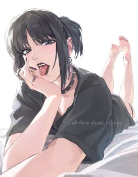 1girl artist_name black_choker black_eyes black_hair black_lips black_nails black_shirt choker collar darao_(daradara_suyaaa) full_body goth_fashion highres jewelry lying nail_polish on_stomach original ring shirt short_sleeves simple_background soles solo spiked_collar spikes the_pose toes tongue tongue_out white_background