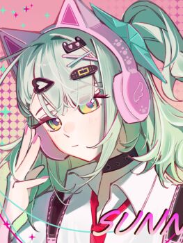 Rule 34 | 1girl, animal ear headphones, animal ears, arm up, bandaid, bandaid hair ornament, blush, cat ear headphones, cat ears, character name, chinatsu remiel, closed mouth, collar, commentary request, fake animal ears, green eyes, green hair, hair intakes, hair ornament, headphones, heart, heart hair ornament, highres, kylin68735596, looking at viewer, multiple hair clips, necktie, pink background, pink bag, pink nails, ponytail, portrait, red necktie, shirt, solo, sparkle print, white shirt, zenless zone zero