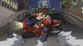1boy akira_slide black_boots blue_pants boots brown_hair building clothing_cutout denim facial_hair fingerless_gloves glove_cutout gloves jacket jeans male_focus mario mario_(series) mario_(touring) mario_kart mario_kart_world motor_vehicle motorcycle mustache nintendo official_alternate_costume on_motorcycle outdoors overpass pants red_gloves red_jacket short_hair solo tree yamari_(ya_mari_6363)