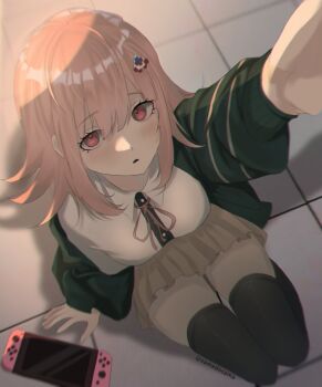 1girl arm_support black_thighhighs breasts brown_hair brown_skirt collared_shirt commentary danganronpa_(series) danganronpa_2:_goodbye_despair english_commentary eyelashes flipped_hair foreshortening from_above hair_between_eyes hair_ornament handheld_game_console highres jacket light_blush long_sleeves looking_at_viewer medium_hair nanami_chiaki neck_ribbon nintendo_switch off_shoulder open_clothes open_jacket pink_eyes pink_ribbon pleated_skirt ribbon samedosama666 school_uniform selfie shadow shirt skirt solo thighhighs tile_floor tiles twitter_username two-tone_shirt white_shirt