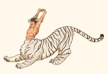 Rule 34 | 1boy, animal ears, arms up, batman (series), brown hair, closed eyes, commentary, dc comics, english commentary, full body, grey hair, highres, hyl83967217, jason todd, male focus, monster boy, monsterification, multicolored hair, scar, scar on chest, short hair, simple background, solo, streaked hair, stretching, tiger boy, tiger ears, toned, toned male, very short hair, yellow background