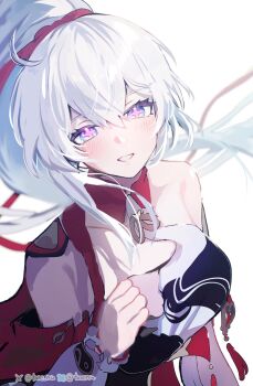 1girl black_dress blue_eyes breasts dress hashtag-only_commentary highres honkai_(series) honkai_impact_3rd kiana_kaslana kiana_kaslana_(ba-dum!_fiery_wishing_star) large_breasts long_hair looking_at_viewer simple_background single_bare_shoulder smile solo star-shaped_pupils star_(symbol) symbol-shaped_pupils tare_(tonikaku_magaru) twitter_username very_long_hair white_background white_hair