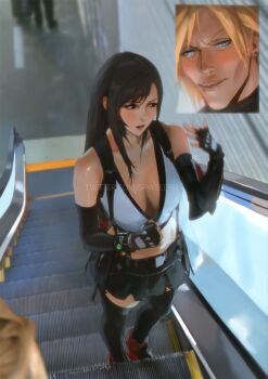 Rule 34 | 1boy, 1girl, accidental exposure, accidental pervert, black eyes, black gloves, black hair, black skirt, black thighhighs, blonde hair, blue eyes, breasts, cleavage, cloud strife, collarbone, escalator, fanning self, final fantasy, final fantasy vii, final fantasy vii remake, fingerless gloves, from above, gloves, hot, large breasts, materia, miniskirt, open mouth, skirt, solo focus, spykeee, standing, suspender skirt, suspenders, thighhighs, tifa lockhart