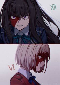 2girls black_hair blonde_hair blood blood_on_face bob_cut clenched_teeth commentary crying crying_with_eyes_open highres inoue_takina long_hair lycoris_recoil lycoris_uniform multiple_girls nishikigi_chisato paperca-ke purple_eyes short_hair sidelocks tears teeth upper_body