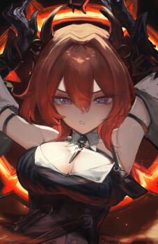 Rule 34 | 1girl, absurdres, arknights, arknights: endfield, bare shoulders, black dress, black horns, breasts, cleavage, commentary request, demon girl, demon horns, dress, hair between eyes, hair intakes, highres, horns, laevatain (arknights), long hair, medium breasts, purple eyes, red hair, sideless dress, solo, surtr (arknights), toricky