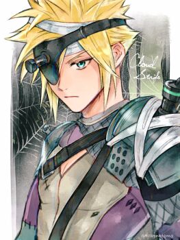 1boy 3wa_tari aqua_eyes armor bandaged_head bandages blonde_hair bodysuit character_name chest_strap closed_mouth cloud_strife cloud_strife_(bandaged_coat) eyepatch final_fantasy final_fantasy_vii final_fantasy_vii:_ever_crisis grey_bodysuit hair_between_eyes highres male_focus multicolored_bodysuit object_through_head official_alternate_costume portrait purple_bodysuit screw_in_head short_hair shoulder_armor silk solo spider_web spiked_hair stitched_arm stitched_chest stitches two-tone_bodysuit upper_body