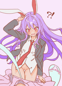 !? 1girl animal_ears blazer breasts buttons commentary_request embarrassed ghost hand_on_own_head hand_up hat highres jacket long_hair long_sleeves looking_down necktie no_panties object_on_head open_mouth panties panties_on_head pink_background pink_panties pink_skirt purple_hair pussy rabbit_ears red_eyes red_hat red_necktie reisen_udongein_inaba shirt simple_background skirt soara_shimomo sweat touhou underwear undressing_another unworn_panties white_shirt