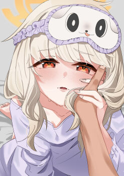 1girl absurdres aoba_(blue_archive) blonde_hair blue_archive blush commentary_request dress grabbing_another's_hand grey_background halo hand_on_another's_cheek hand_on_another's_face highres long_hair long_sleeves looking_at_viewer mask_lift ontama_(ontama_link1235) open_mouth orange_halo pajamas pov pov_hands purple_dress red_eyes sleep_mask solo_focus