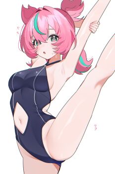 1girl :o absurdres alternate_costume aqua_streaks aria_(human)_(zenless_zone_zero) aria_(zenless_zone_zero) arm_behind_back arm_up armpits bare_legs bare_shoulders black_leotard breasts clothing_cutout commentary cow english_commentary green_eyes hair_between_eyes hand_on_own_arm highres leg_up leotard long_hair looking_at_viewer medium_breasts multicolored_hair navel navel_cutout pink_hair shusuchii sideboob simple_background solo streaked_hair stretching sweat white_background zenless_zone_zero