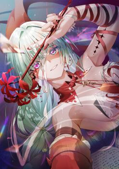 Rule 34 | 1girl, absurdres, arm up, bandaged arm, bandages, bare shoulders, blood, bloody tears, book, breasts, commentary, detached sleeves, earrings, fingernails, flower, grey eyes, grey hair, halterneck, heterochromia, highres, holding, holding flower, jelmul, jewelry, long fingernails, long hair, looking at viewer, loose bandages, medium breasts, nail polish, open book, parted lips, phrolova (wuthering waves), pink eyes, red nails, single detached sleeve, smile, solo, spider lily, tacet mark (wuthering waves), twitter username, upper body, wuthering waves