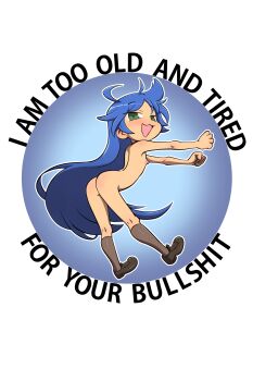 1girl :3 absurdres ahoge ass blue_hair blush brown_shoes brown_socks dancing flat_chest green_eyes highres izumi_konata loli long_hair lucky_star nipples nude open_mouth poethewondercat shoes smile socks solo standing