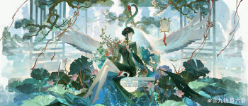 1girl absurdres barefoot bird black_hair black_nails blunt_bangs chinese_commentary choker commentary_request crane_(animal) crossed_legs dress eyeshadow facing_to_the_side flower food fruit full_body green_choker green_dress green_eyes hair_bun hair_ornament hairclip hand_up highres incense_burner jewelry koi lantern lattice leaf_print leg_tattoo long_dress long_sleeves looking_at_viewer lotus lotus_leaf makeup mountain nail_polish necklace off-shoulder_dress off_shoulder on_bench paper_lantern persimmon pine_tree pink_flower plant potted_plant qingtong_xianhe_(wuhua_mixin) red_eyeshadow red_lips red_ribbon ribbon ribbon_choker shachang side_slit sidelocks single_hair_bun sitting solo splatter tassel tassel_necklace tattoo toenail_polish toenails tree vase water watermark weibo_watermark white_flower wide_sleeves wuhua_mixin