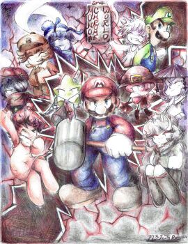 5girls 6+boys absurdres chimaru_(myoria) commentary crayon crossover english_commentary highres jinko_(myoria) kim_scarlet_(myoria) kuro_seija_(myoria) luigi mai_lee_(myoria) mario mario_(series) monochrome monochrome_world_(fangame) multiple_boys multiple_girls myoria_(series) nintendo non-web_source portal_(object) retros64 sanra_silverstar_(myoria) starlings_(myoria) tentou_(myoria) traditional_media yoku_(myoria)
