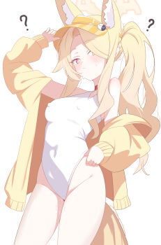 1girl absurdres adjusting_clothes adjusting_headwear animal_ear_fluff animal_ears bare_shoulders blonde_hair blue_archive blush breasts closed_mouth commentary_request covered_erect_nipples extra_ears fox_ears fox_girl fox_tail hair_over_one_eye halo highleg highleg_one-piece_swimsuit highres jacket kanimiso30601 long_hair medium_breasts official_alternate_costume official_alternate_hairstyle one-piece_swimsuit open_clothes open_jacket pink_hair seia_(blue_archive) seia_(swimsuit)_(blue_archive) side_ponytail solo sweatdrop swimsuit tail visor_cap white_one-piece_swimsuit yellow_halo yellow_jacket