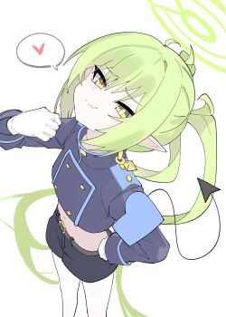 1girl armband bag belt blue_archive demon_tail fang gloves green_hair halo hat heart highres long_hair mesugaki navel nozomi_(blue_archive) pointy_ears spoken_heart tail train_conductor twintails white_gloves yellow_eyes zhugul0804