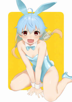 1girl :d alternate_costume animal_ear_hairband animal_ears between_legs blue_bow blue_bowtie blue_hair blue_hairband blue_leotard blue_shoes blush border bow bowtie collarbone commentary_request detached_collar double-parted_bangs fake_animal_ears fake_tail fang full_body gradient_hair hair_between_eyes hairband hand_between_legs heart high_heels highleg highleg_leotard kantai_collection leotard loli looking_at_viewer low_twintails multicolored_hair open_mouth orange_hair outside_border playboy_bunny rabbit_ear_hairband rabbit_ears rabbit_tail red_eyes rounded_corners sado_(kancolle) sakiecho shoes sidelocks signature simple_background sitting skin_fang smile solo strapless strapless_leotard tail twintails wariza white_border wrist_cuffs yellow_background
