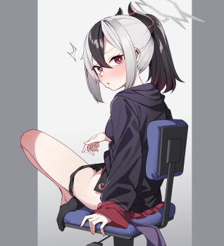 1girl black_hair black_hoodie black_horns black_panties black_socks blue_archive blush caught caught_masturbating chair clothes_lift demon_girl demon_horns earclip female_masturbation grey_halo halo highres hood hoodie horns kayoko_(blue_archive) long_sleeves looking_at_viewer masturbation menbou_(menbow3v) multicolored_hair on_chair panties panty_pull ponytail pussy_juice red_eyes red_skirt skirt skirt_lift socks two-tone_hair underwear white_hair